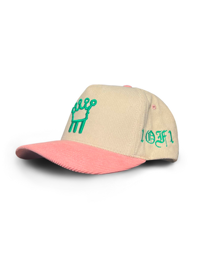 SALMON PINK & GREEN CORDUROY HAT